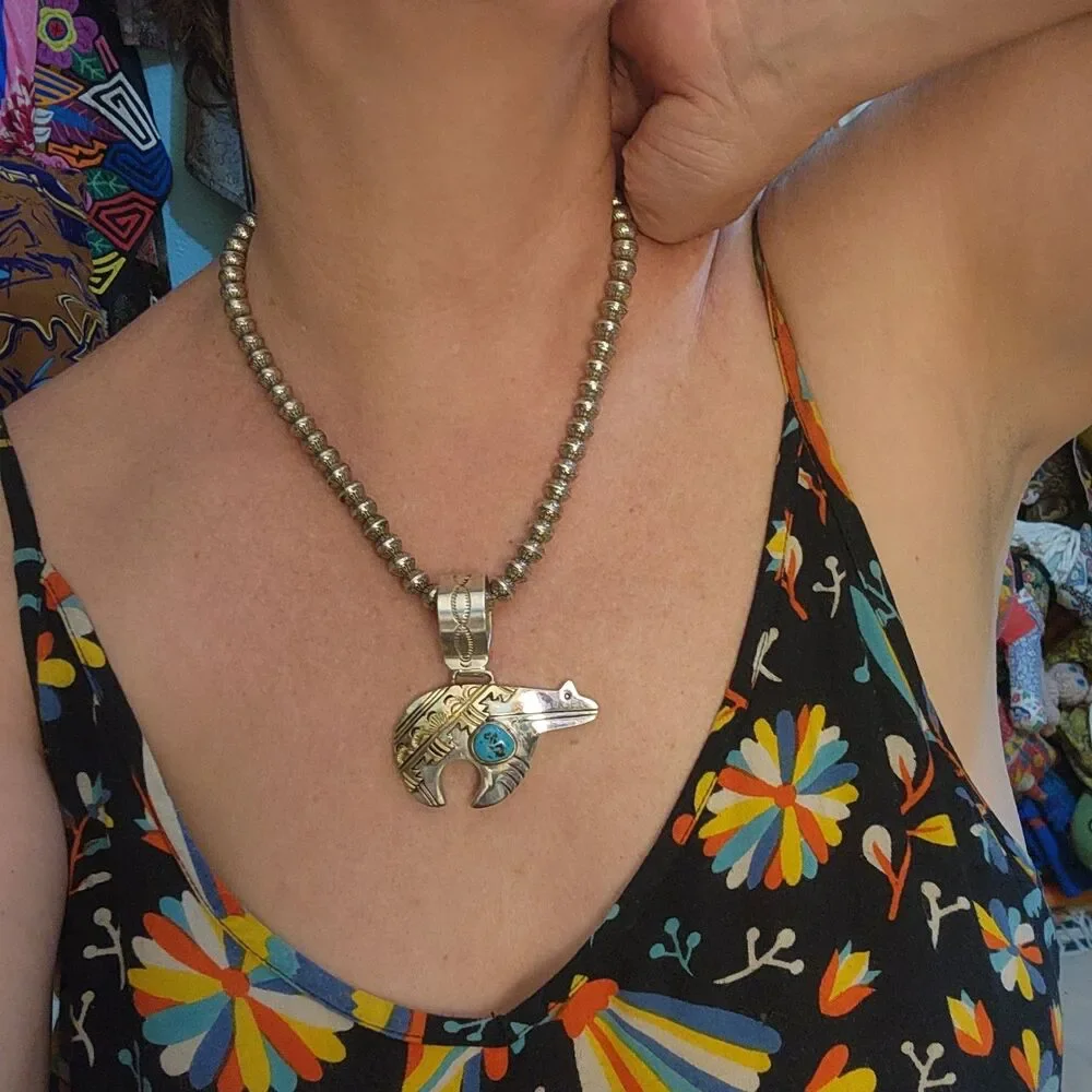 Vintage Tommy Singer signed Bear Pendant Kingman turquoise Navajo US made
